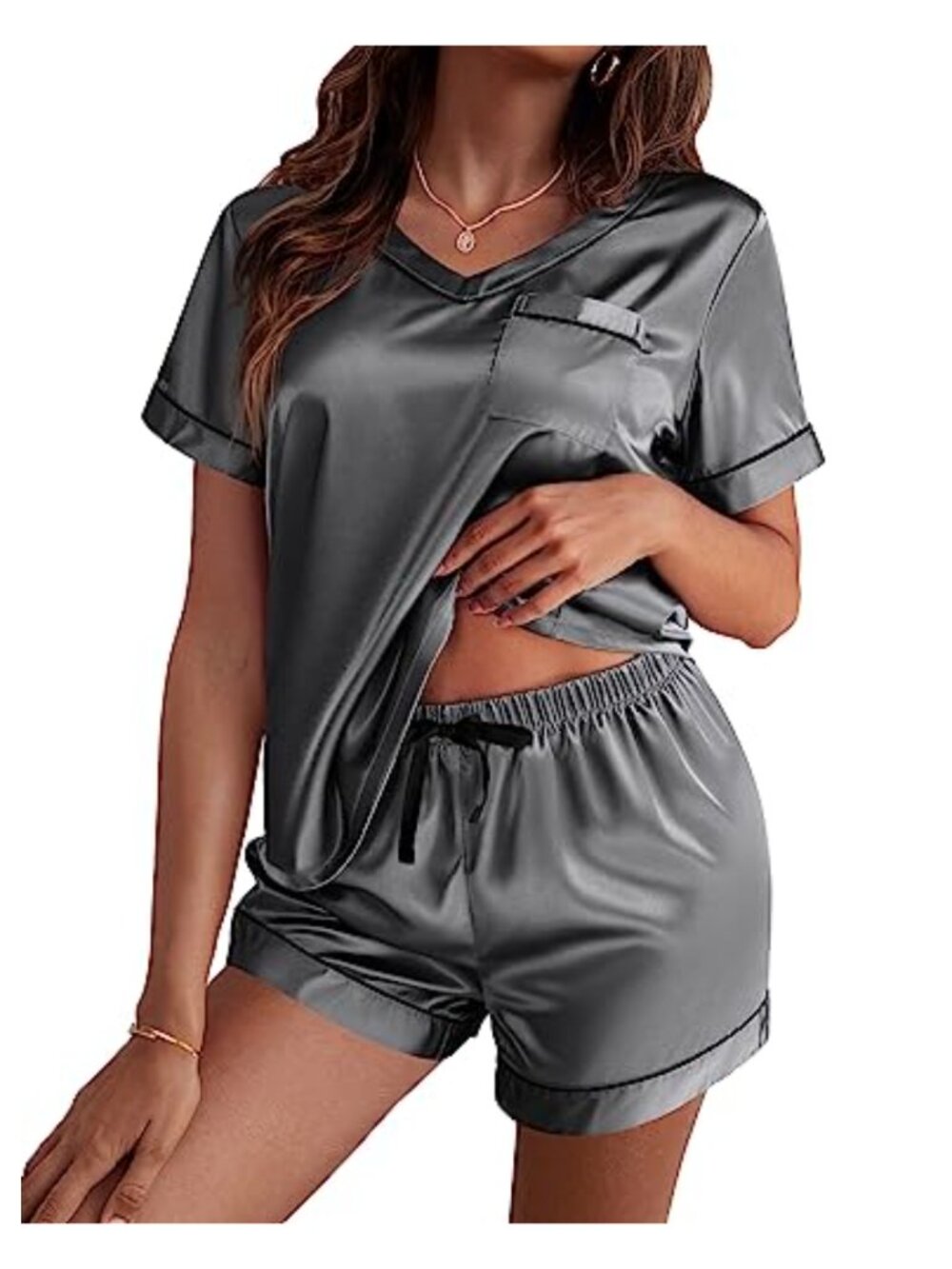 Satin Silk Pajama Set Short Sleeve Top and Shorts Loungewear Sleepwear